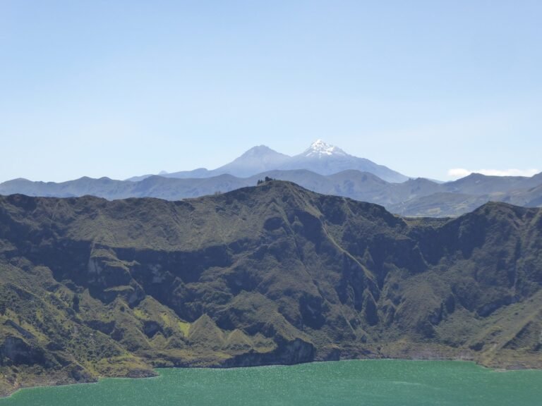 Snow-capped volcano seen from the Quilotoa crater rim